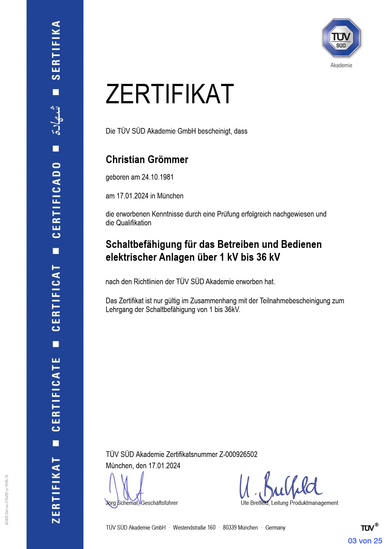 TÜV SÜD Schaltbefähigung 36kV