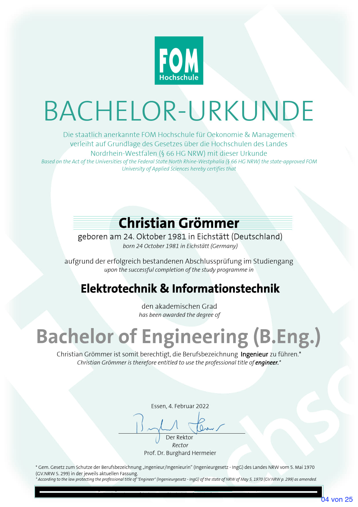 Bachelor of Engineering Urkunde