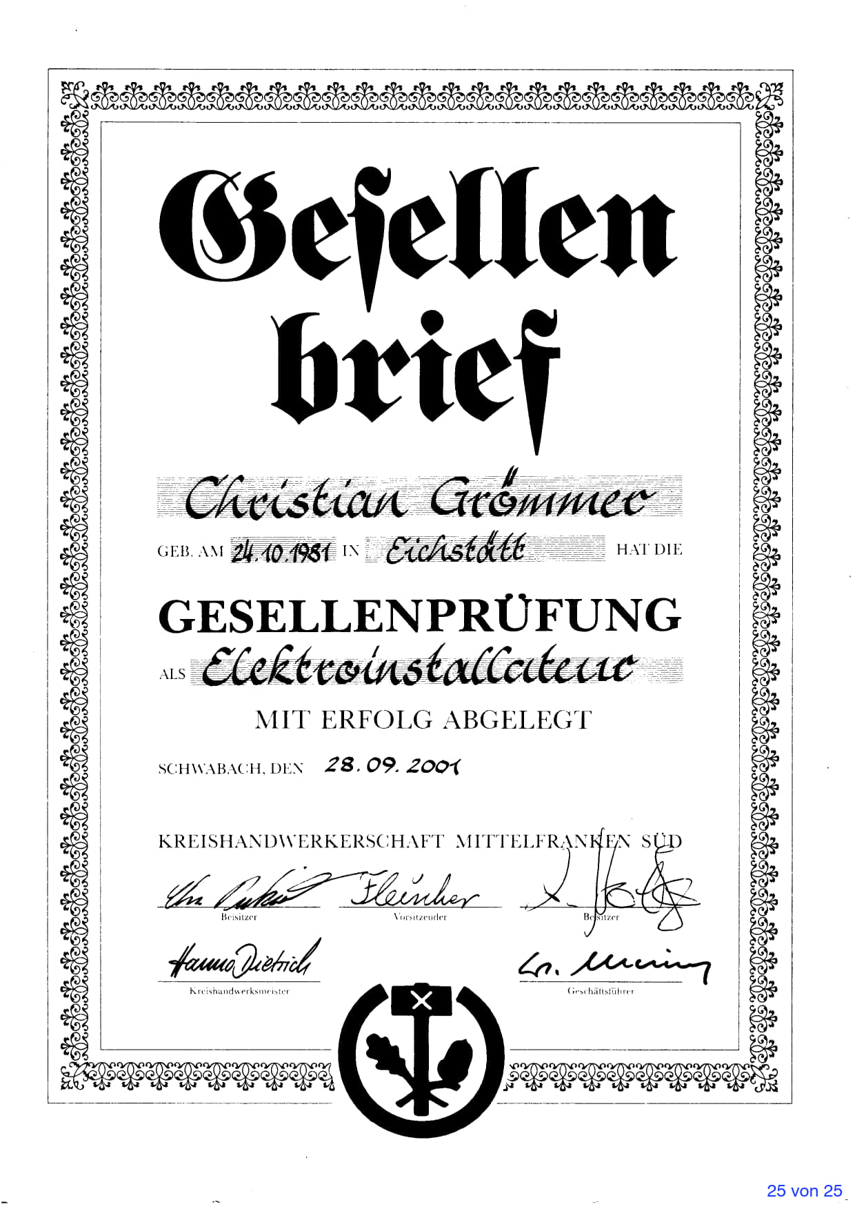 Gesellenbrief Elektroinstallateur